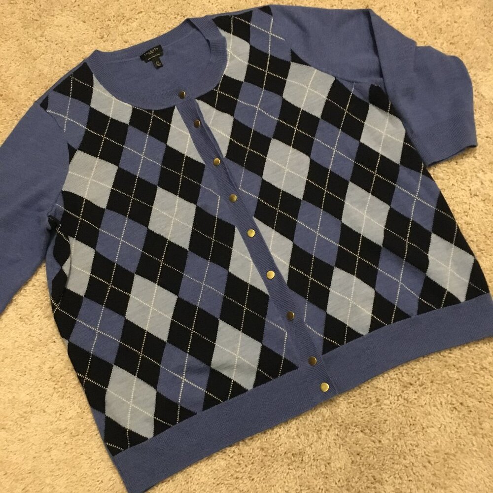 MERINO WOOL Blue Argyle Button Front Cardigan Sweater Plus Size 2X - Picture 6 of 15